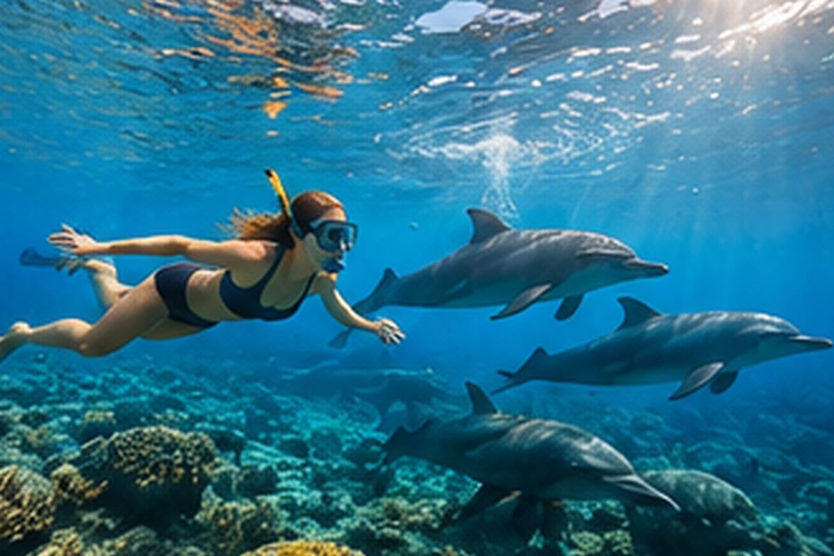 Snorkeling z dzikimi delfinami w przejrzystej wodzie Morza Czerwonego